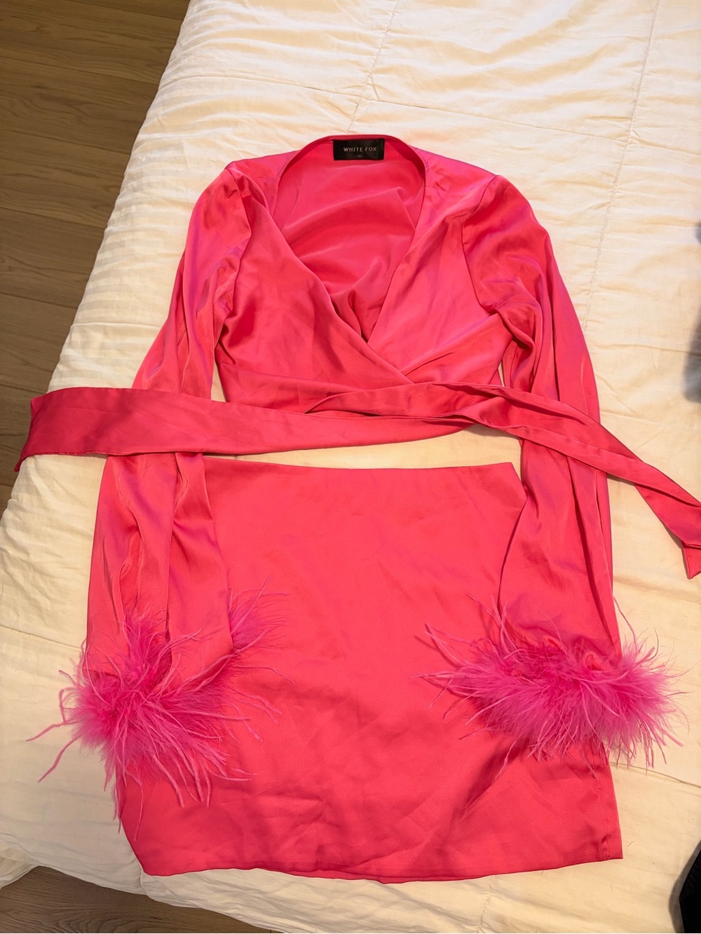 White Fox Boutique Hot Pink Mini Skirt Set with Feather Cuffs